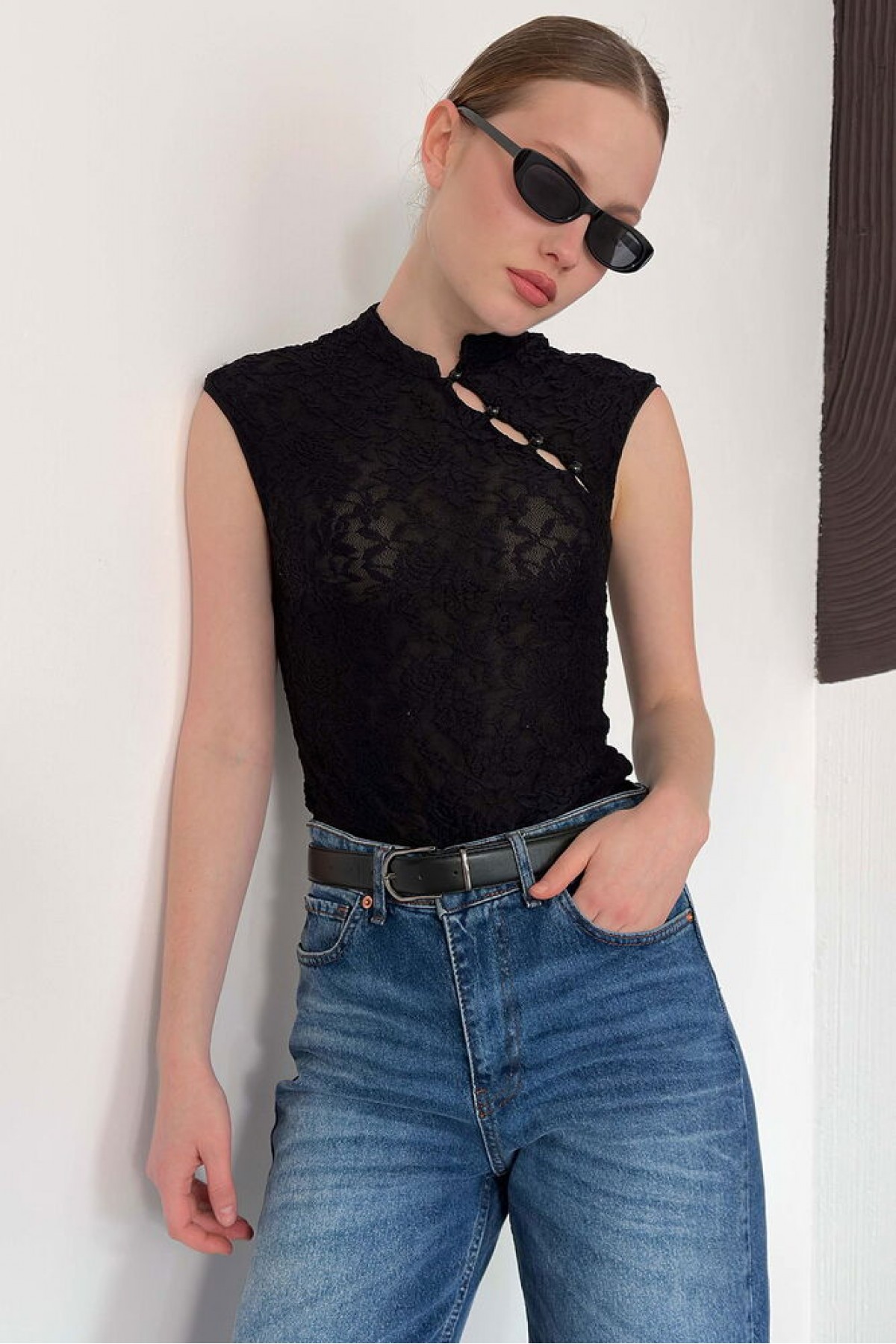 D 2997 KOLSUZ DANTEL BLUZ - SİYAH