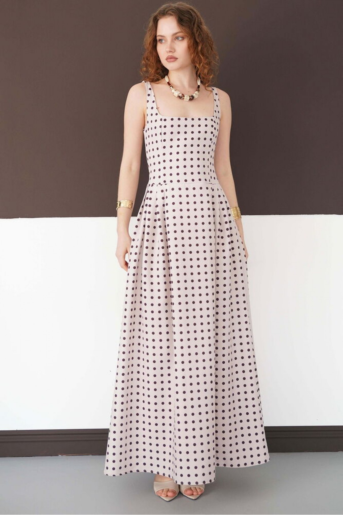 Puantiyeli Askılı Boydan Toptan Elbise - Taş Kahve | D3004 - Topshow