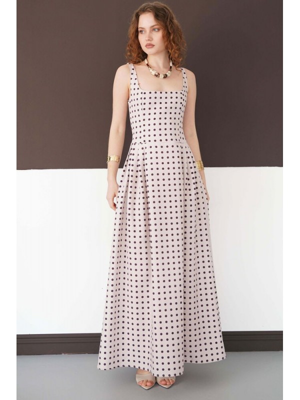 Puantiyeli Askılı Boydan Toptan Elbise - Taş Kahve | D3004 - Topshow