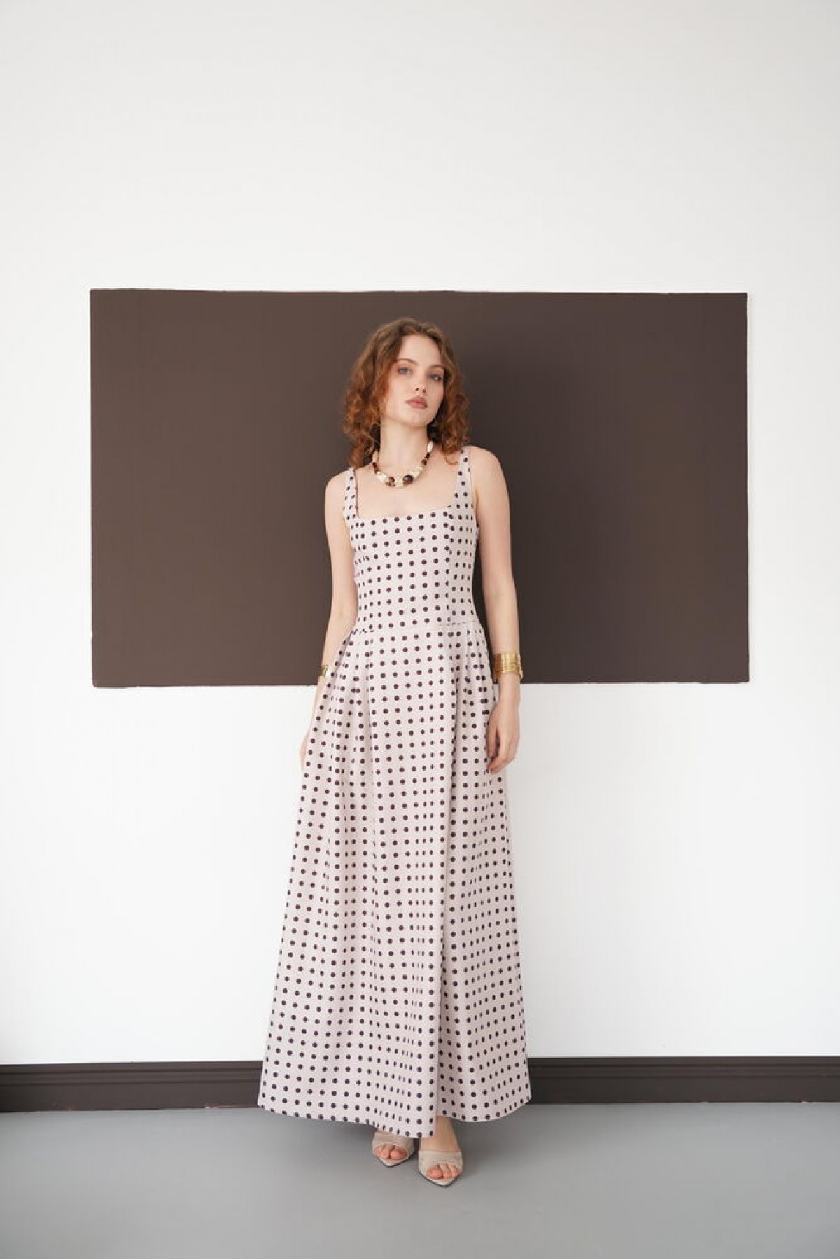 Puantiyeli Askılı Boydan Toptan Elbise - Taş Kahve | D3004 - Topshow