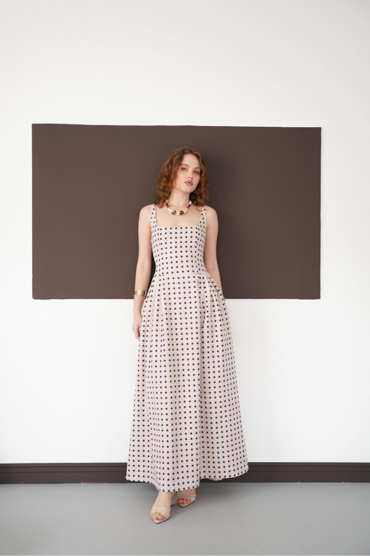 Puantiyeli Askılı Boydan Toptan Elbise - Taş Kahve | D3004 - Topshow