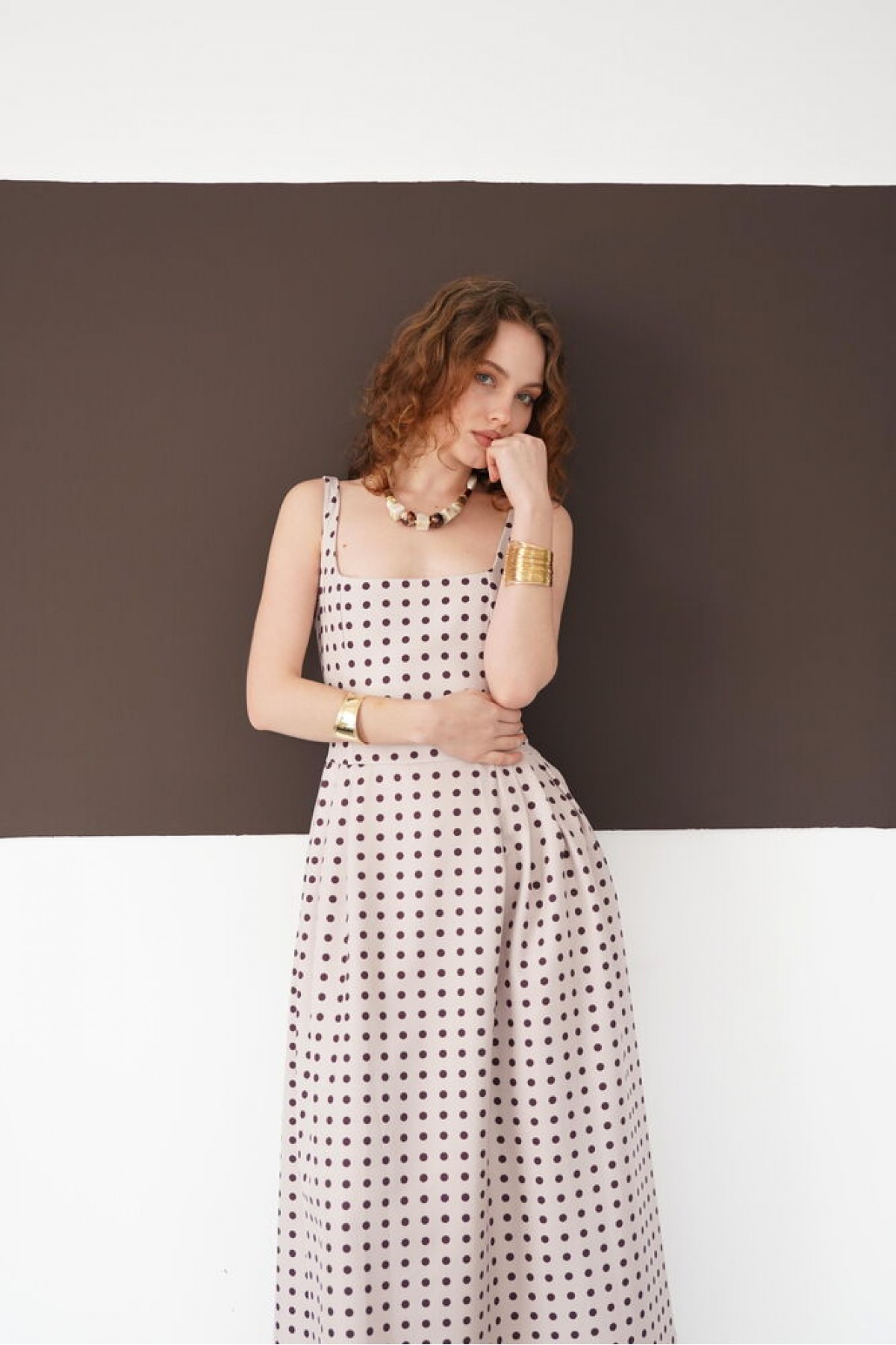 Puantiyeli Askılı Boydan Toptan Elbise - Taş Kahve | D3004 - Topshow