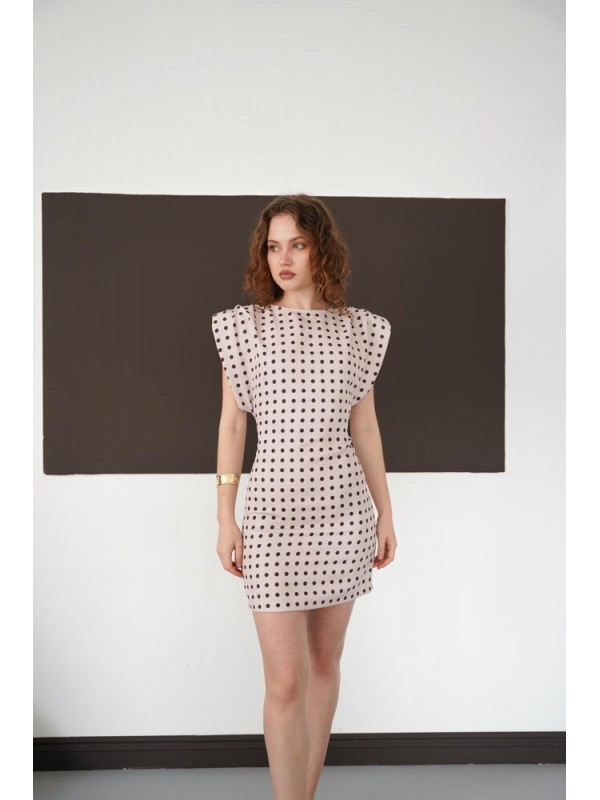 Puantiyeli Bisiklet Yaka Diz Üstü Toptan Elbise - Taş | D3013 - Topshow