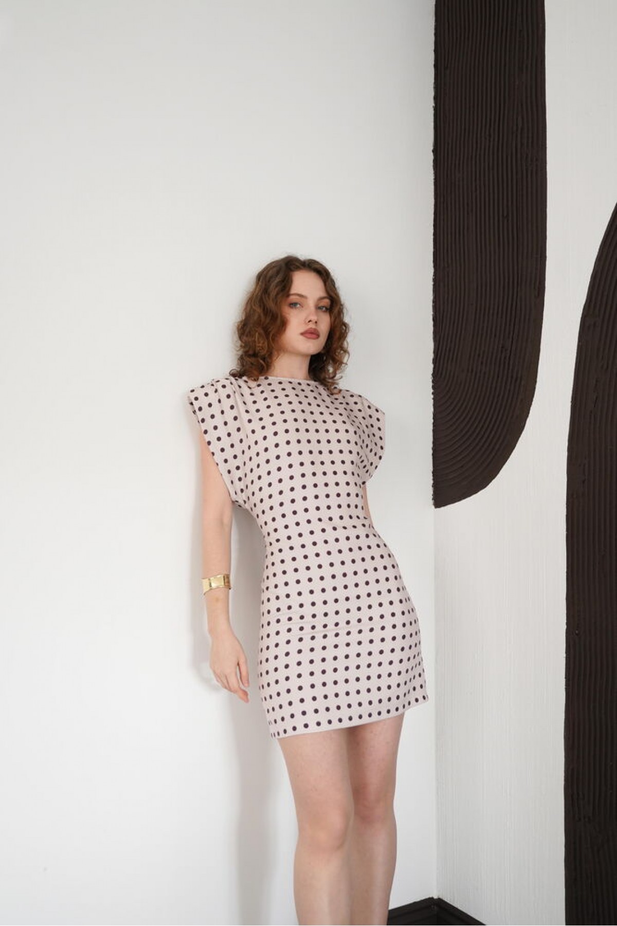 Puantiyeli Bisiklet Yaka Diz Üstü Toptan Elbise - Taş | D3013 - Topshow