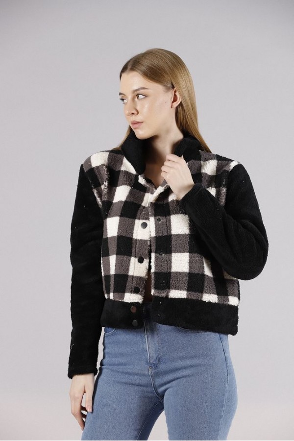 Toptan Polar Çıtçıtlı Toptan Mont - Siyah Dama | TOPSHOW | F1133