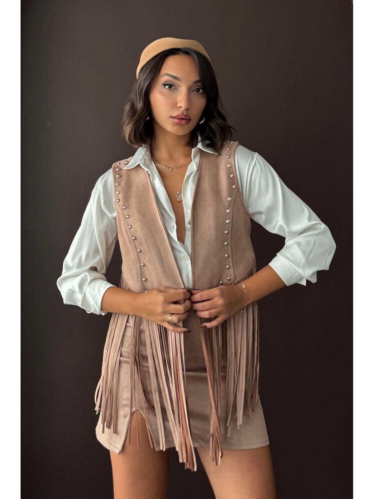 Topshow Püsküllü Droplu Yelek - Vizon | F1806