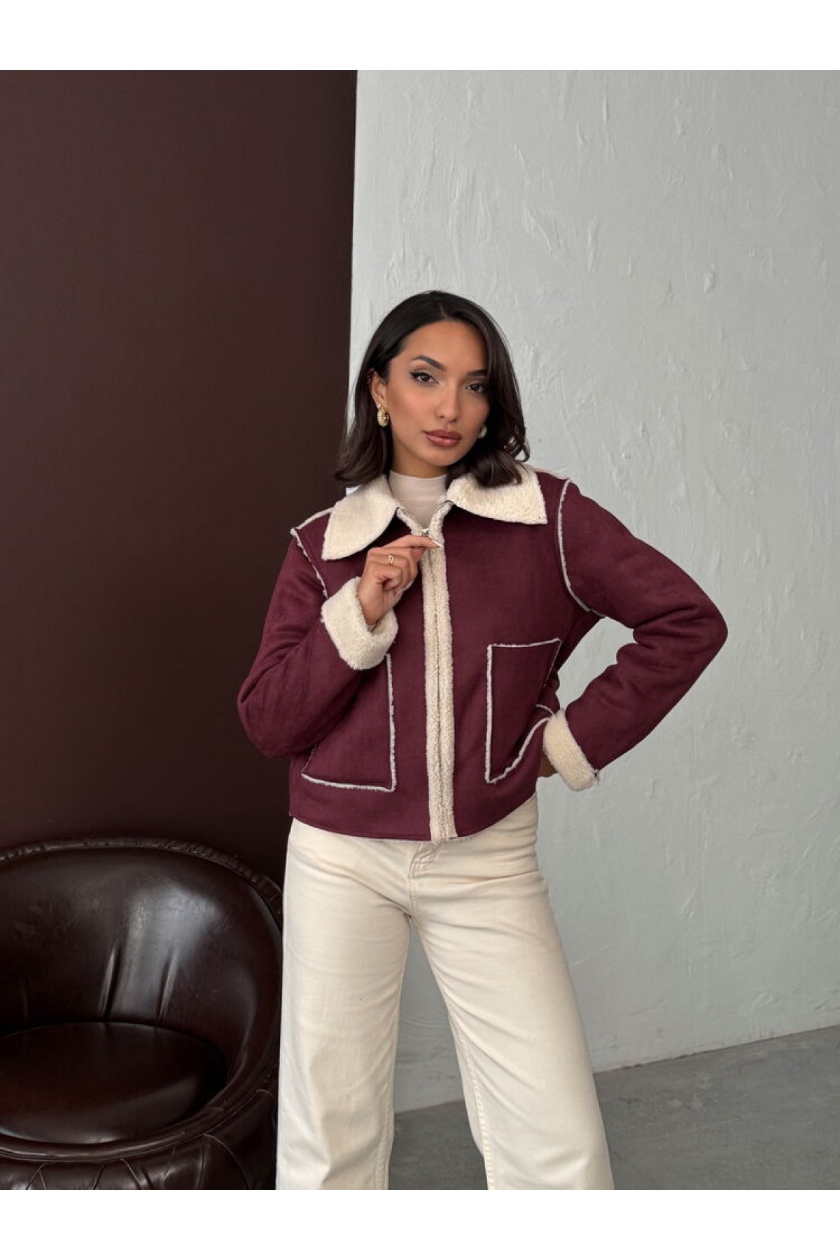 Topshow Topshow Bordo Süet Peluş Toptan Mont | F1856