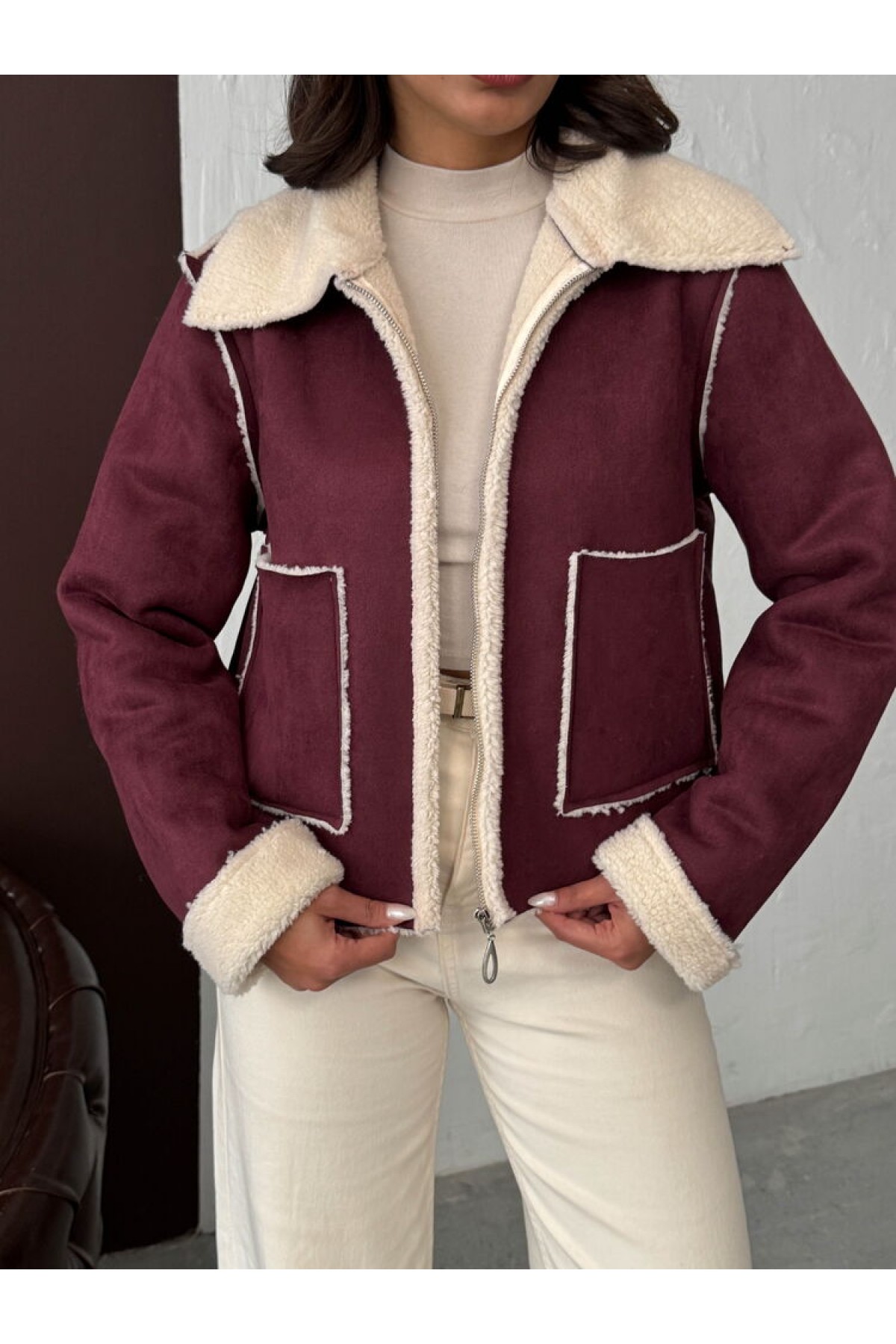 Topshow Topshow Bordo Süet Peluş Toptan Mont | F1856