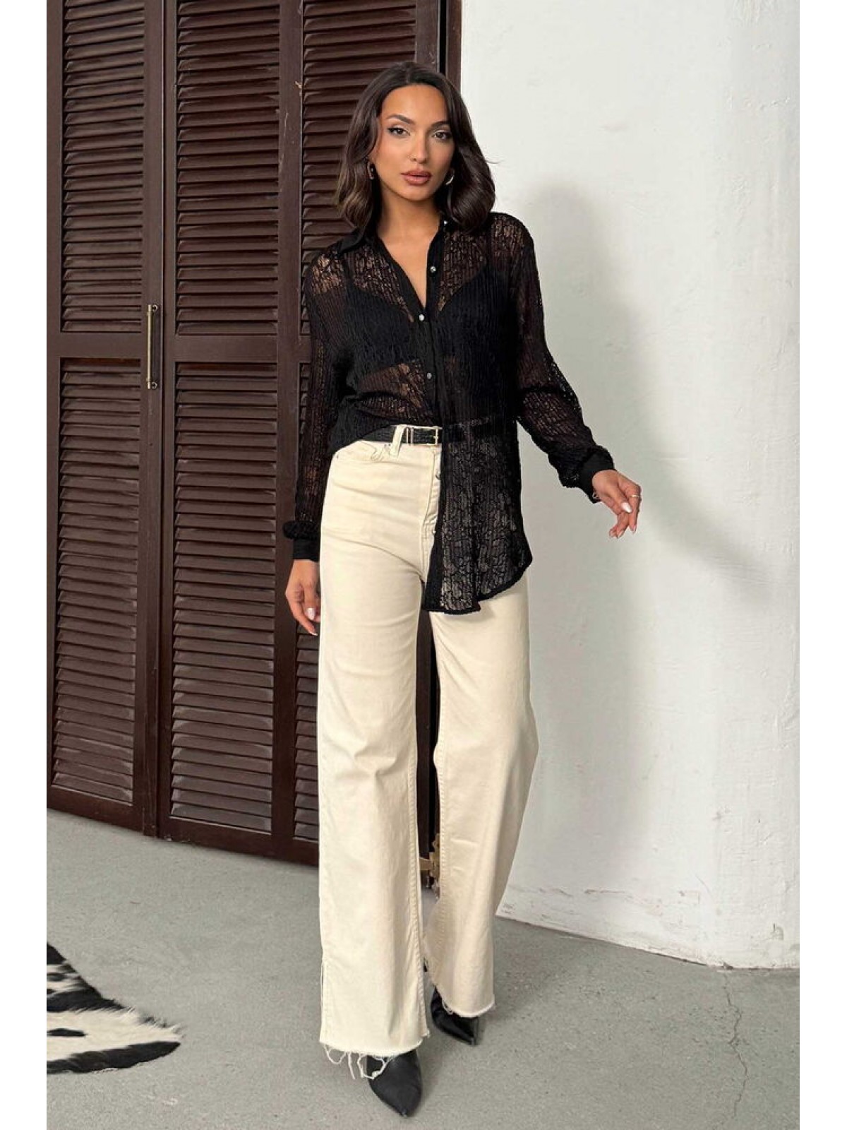 F 1880 PİLİSE DANTEL GÖMLEK - SİYAH