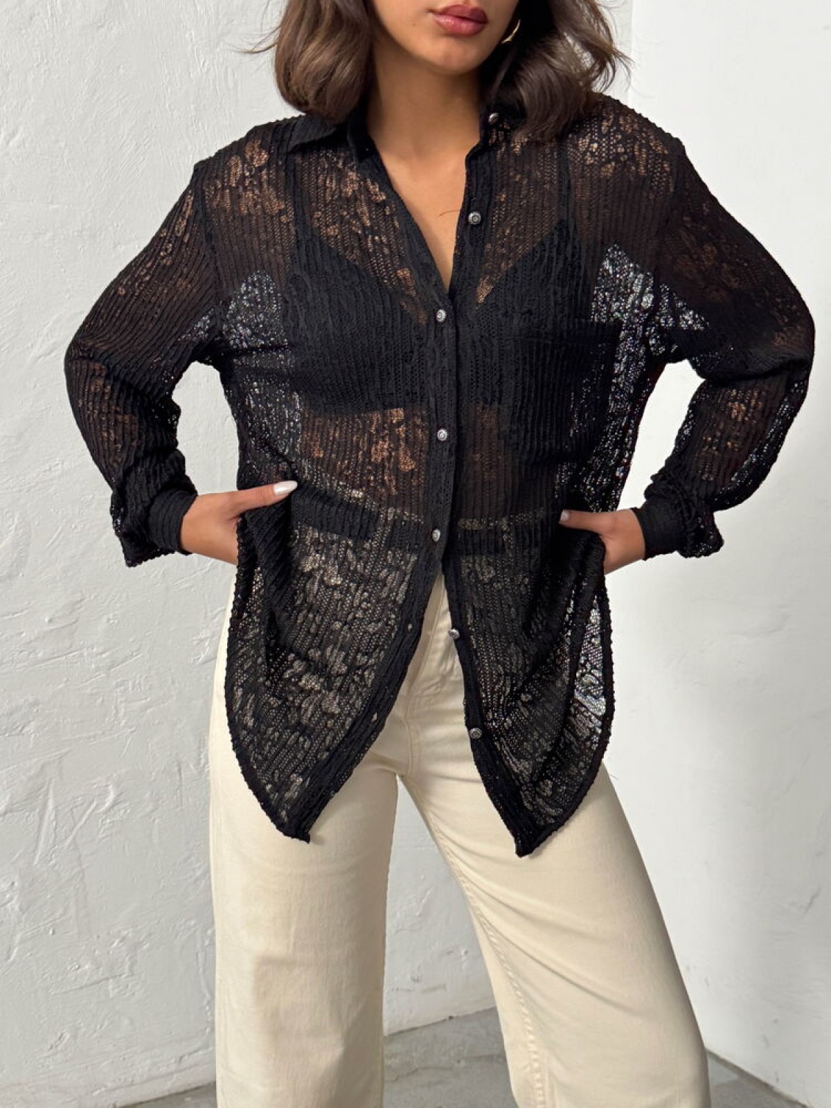 F 1880 PİLİSE DANTEL GÖMLEK - SİYAH