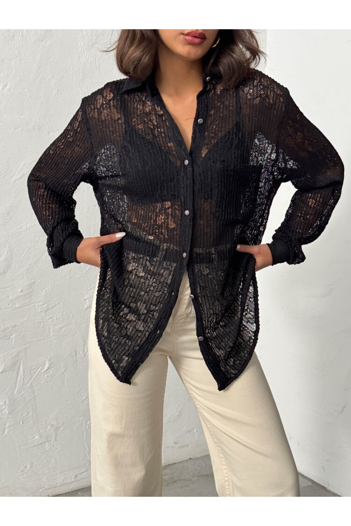 Topshow Pilise Dantel Gömlek - Siyah | F1880