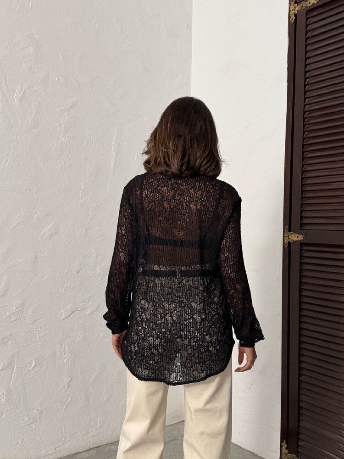 F 1880 PİLİSE DANTEL GÖMLEK - SİYAH