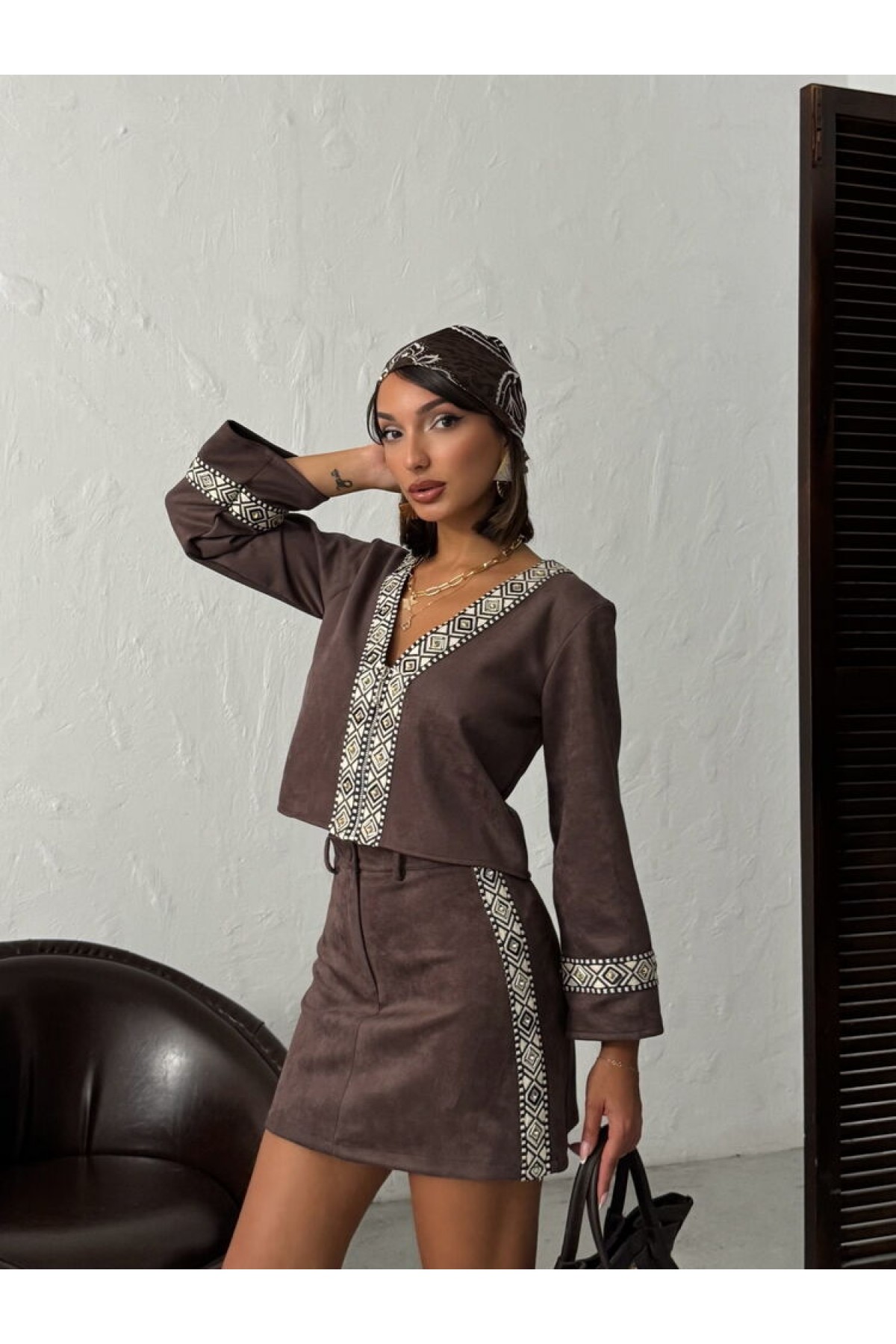 Topshow Stripe Detailed Scuba Suede Skirt 