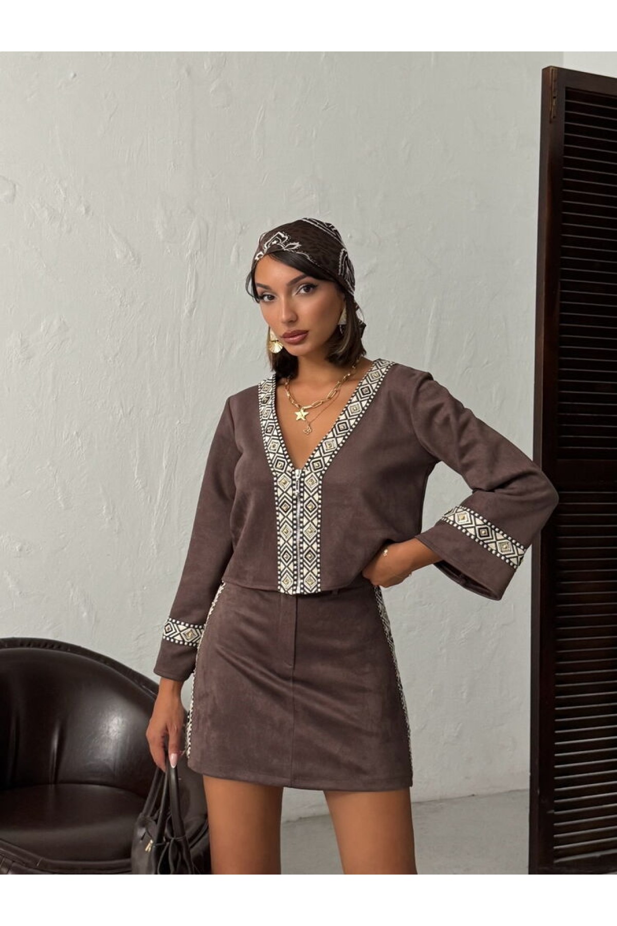 Topshow Stripe Detailed Scuba Suede Skirt 