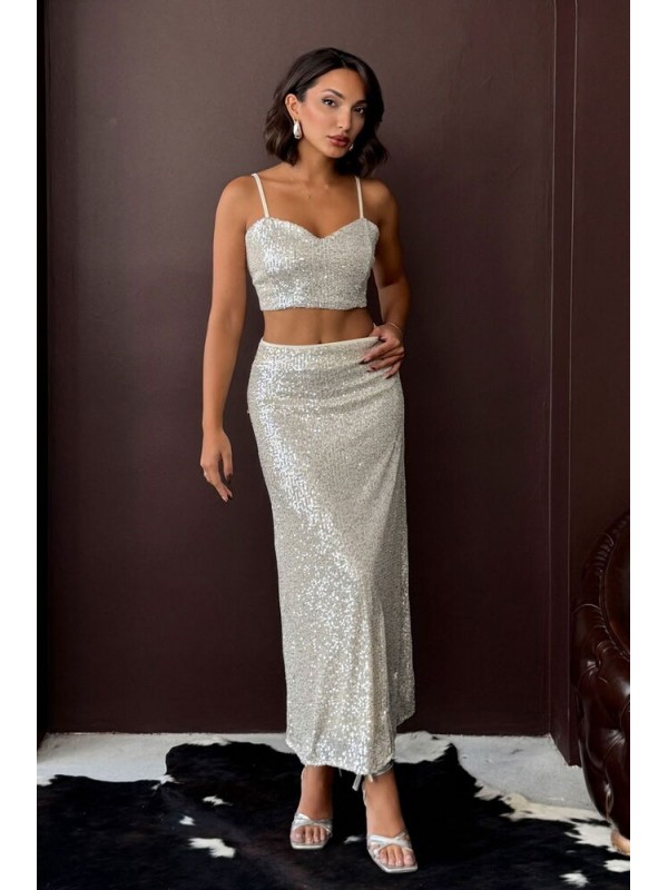 Topshow Stone Sequined Long Skirt 
