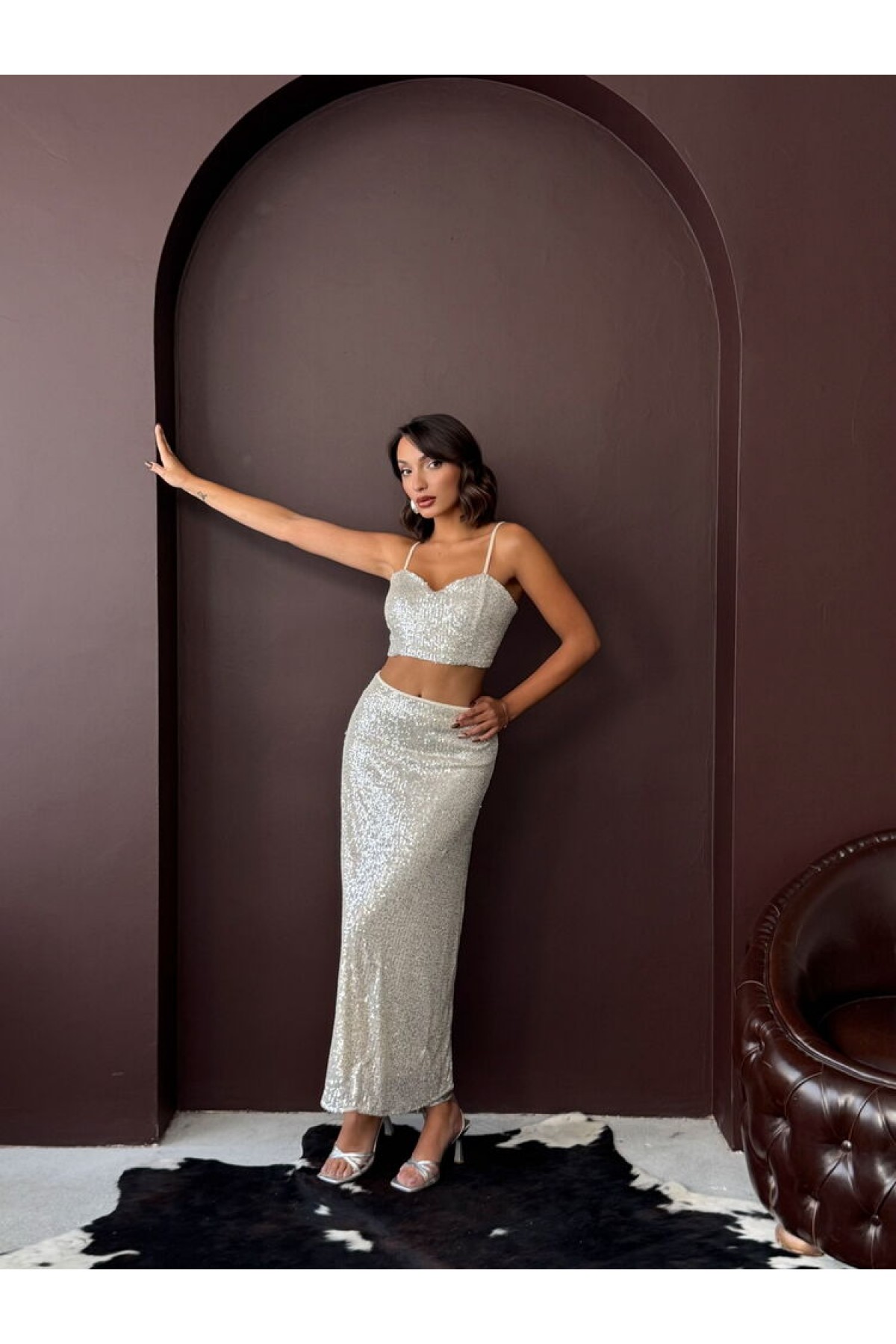 Topshow Stone Sequined Long Skirt 