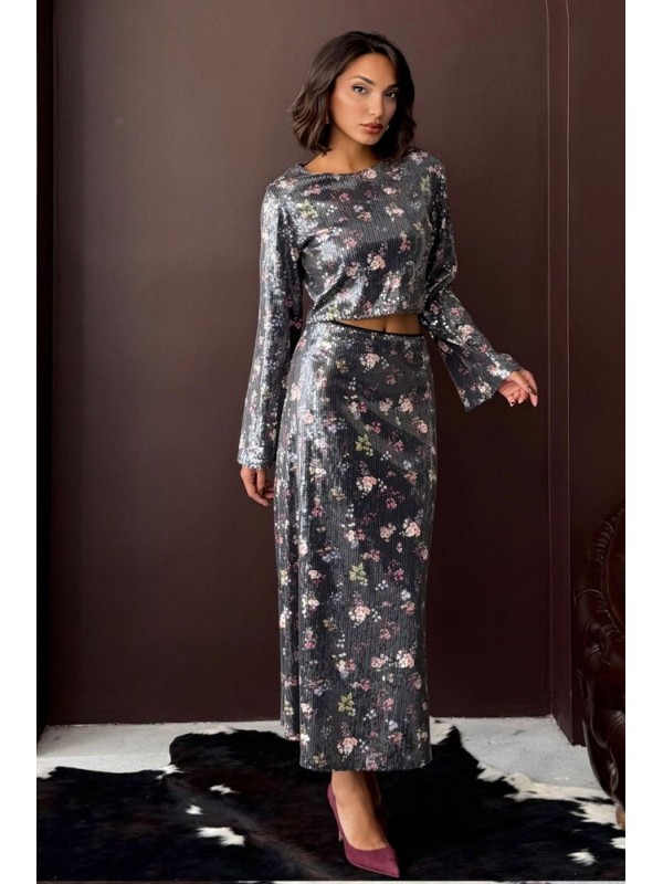 F 2015 FLORAL PRINTED SEQUIN LONG SKIRT 