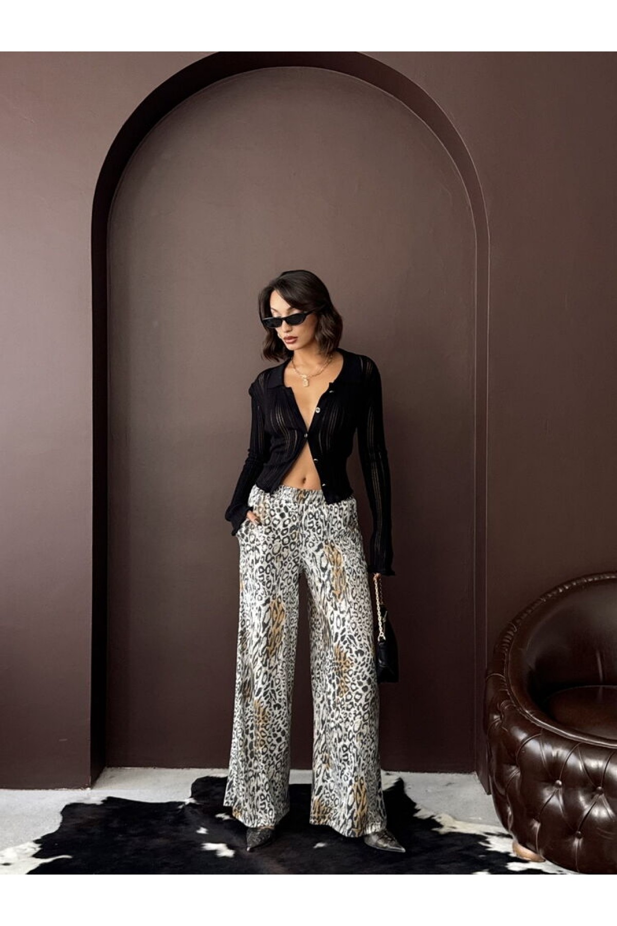 Trendy Leopard Patterned Wide Leg Trousers 