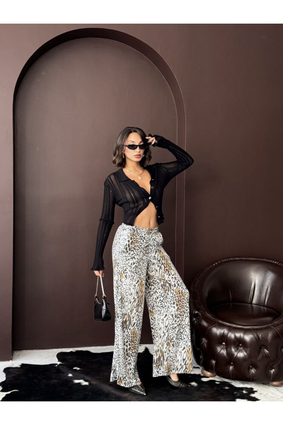 Trendy Leopard Patterned Wide Leg Trousers 