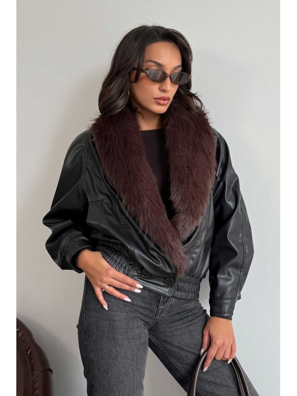 Topshow Yakası Kürklü Kruvaze Deri Mont - Siyah | F2050