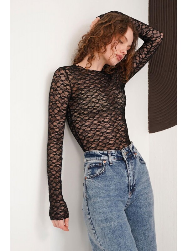 Dantel  Toptan Bluz - Siyah | F2092 - Topshow