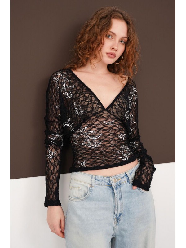 V  Yaka Güpür Toptan Bluz - Siyah | F2093 - Topshow