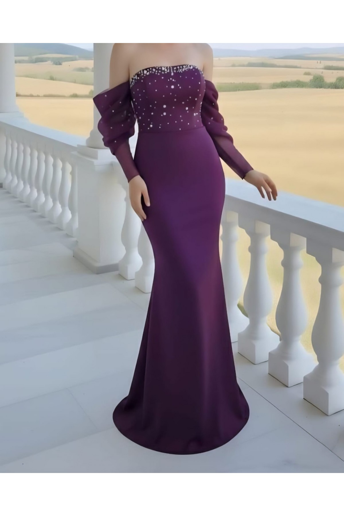 Strapless Low Sleeve Pearl Detailed Scuba Fabric Dress - Purple