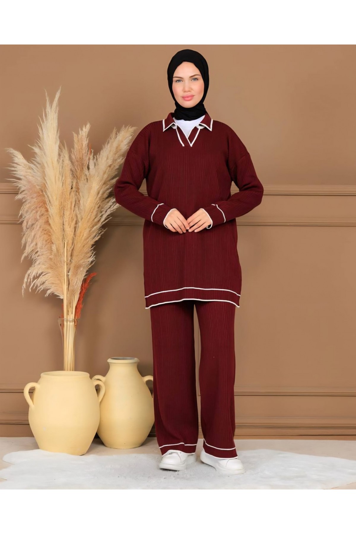 Şerit Garni Detaylı Polo Yaka Fitilli İkili Triko Takım -Bordo