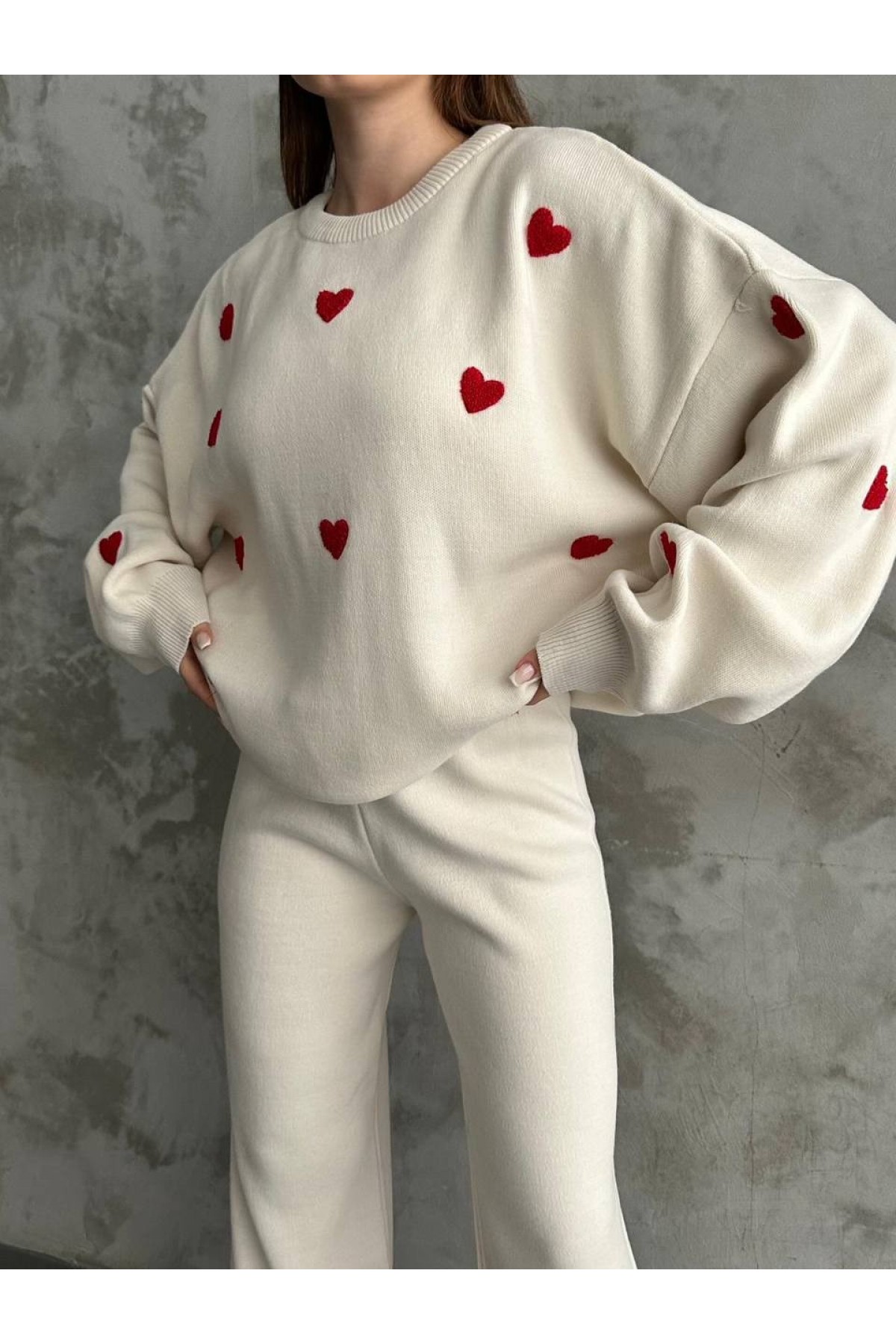 Kalp Detaylı Triko İkili Takım  -Beyaz