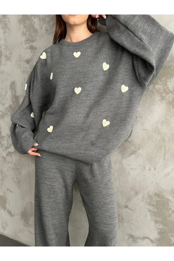 Kalp Detaylı Triko İkili Takım  -Gri