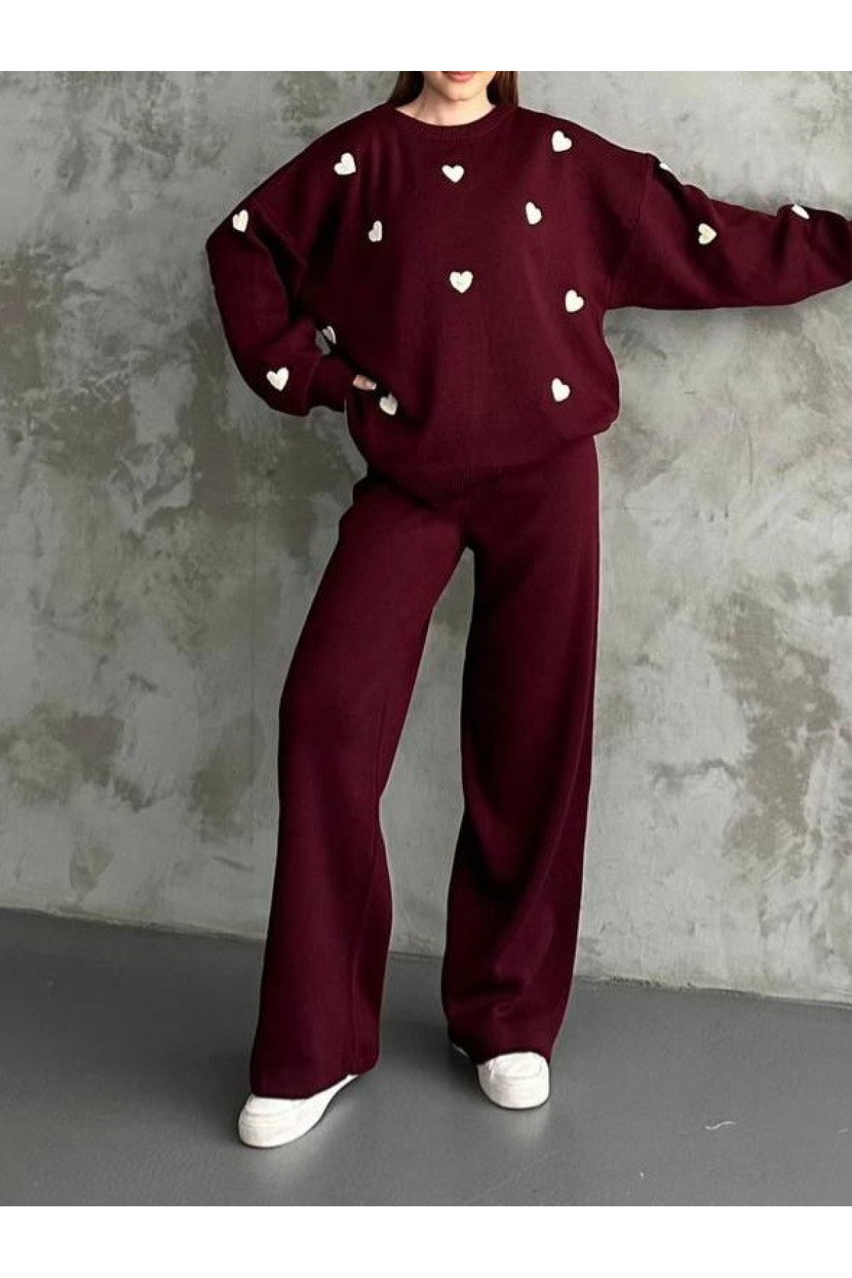 Kalp Detaylı Triko İkili Takım  -Bordo