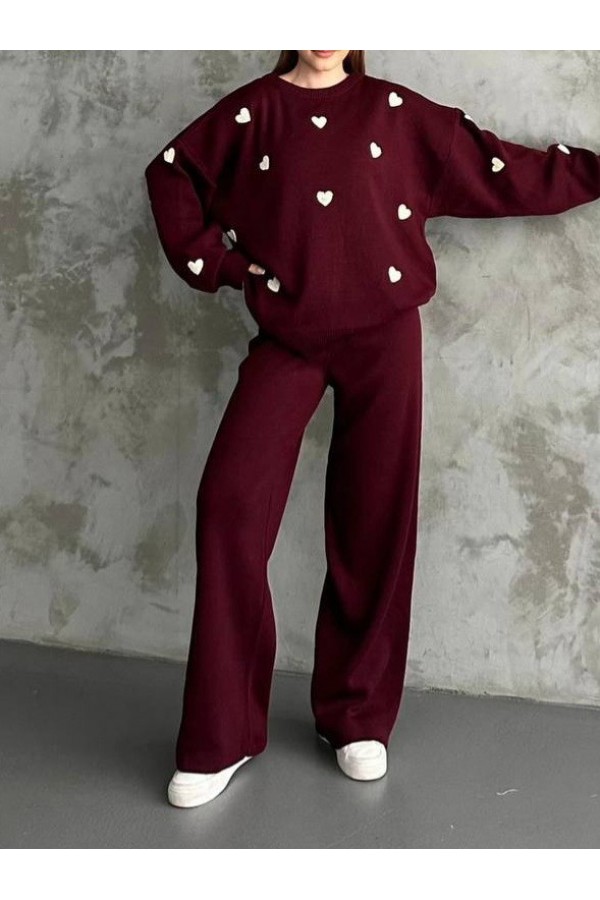 Kalp Detaylı Triko İkili Takım  -Bordo