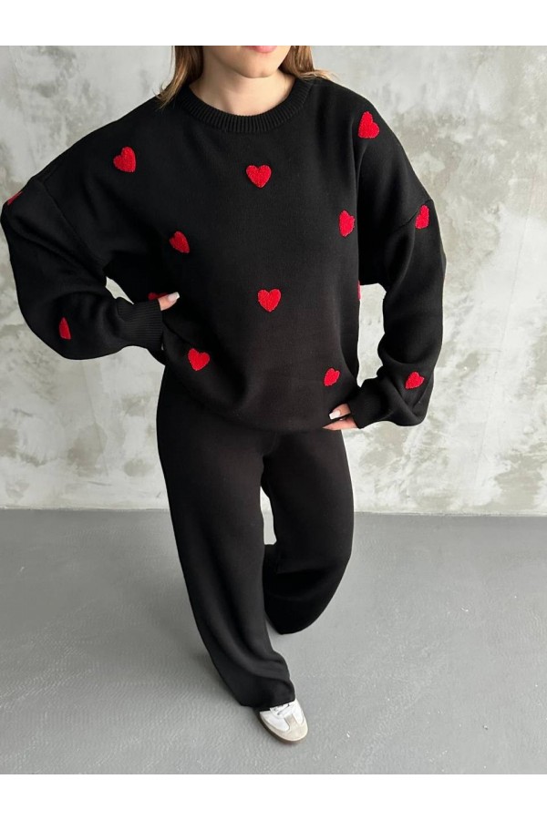 Kalp Detaylı Triko İkili Takım  -Siyah