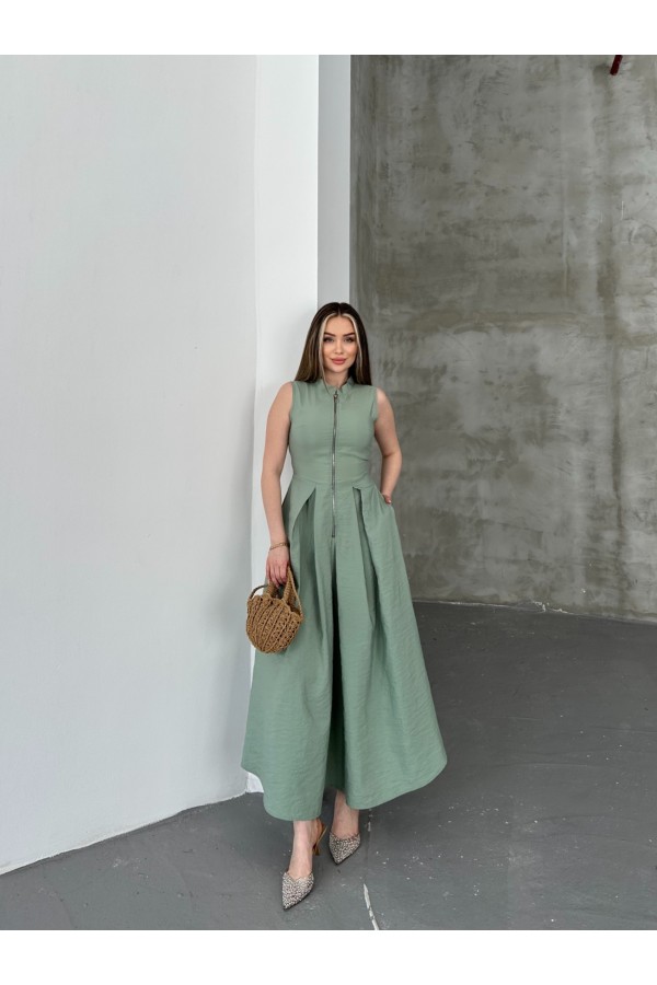 Fermuar Detay Uzun Elbise -Yeşil