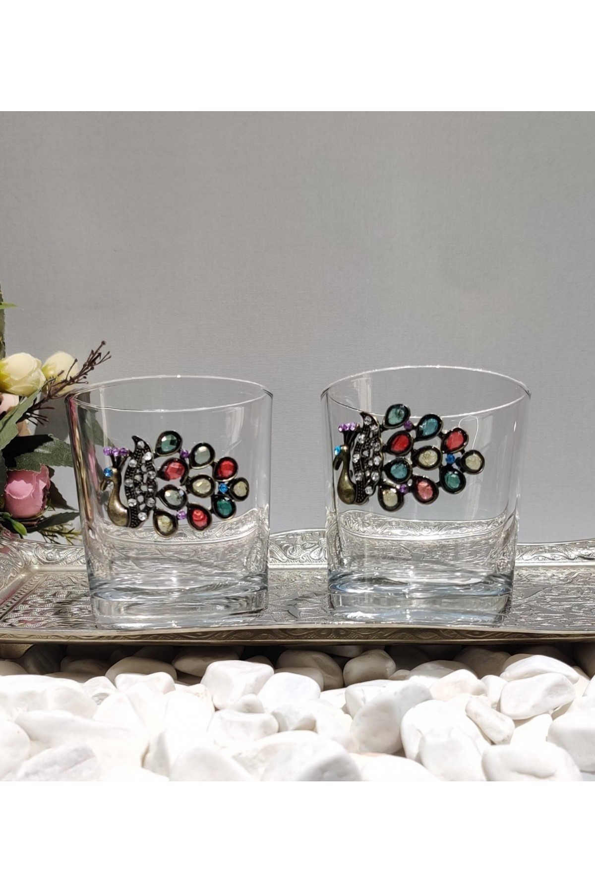 Peacock Design Set of 2 Glasses -White