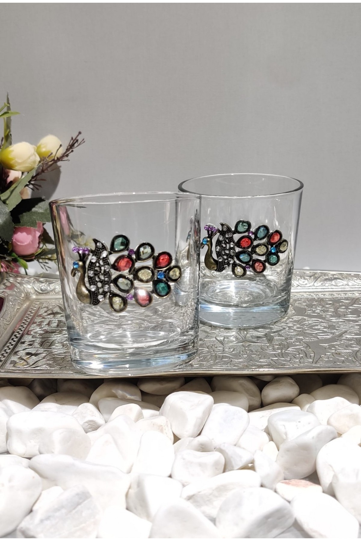 Peacock Design Set of 2 Glasses -White
