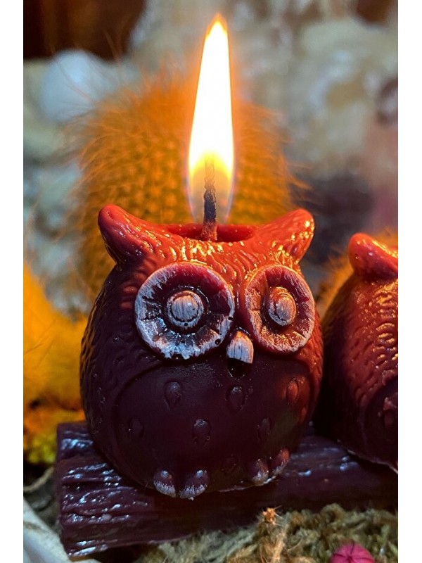 Decorative Gift Candle Set with Owl Perched on a Log, Soy Wax, 3-Piece Candle Set -Brown
