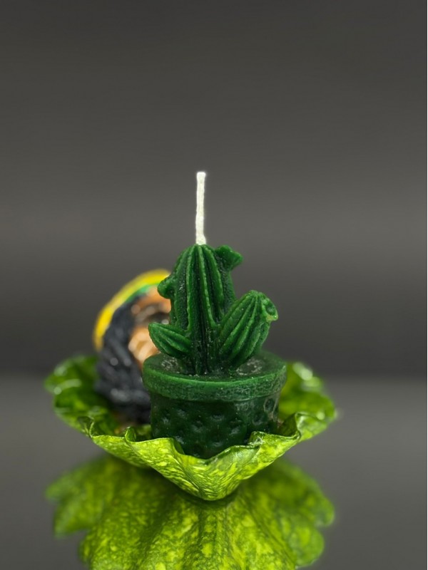 Decorative Candle with Potted Cactus Figurine -Forest Green