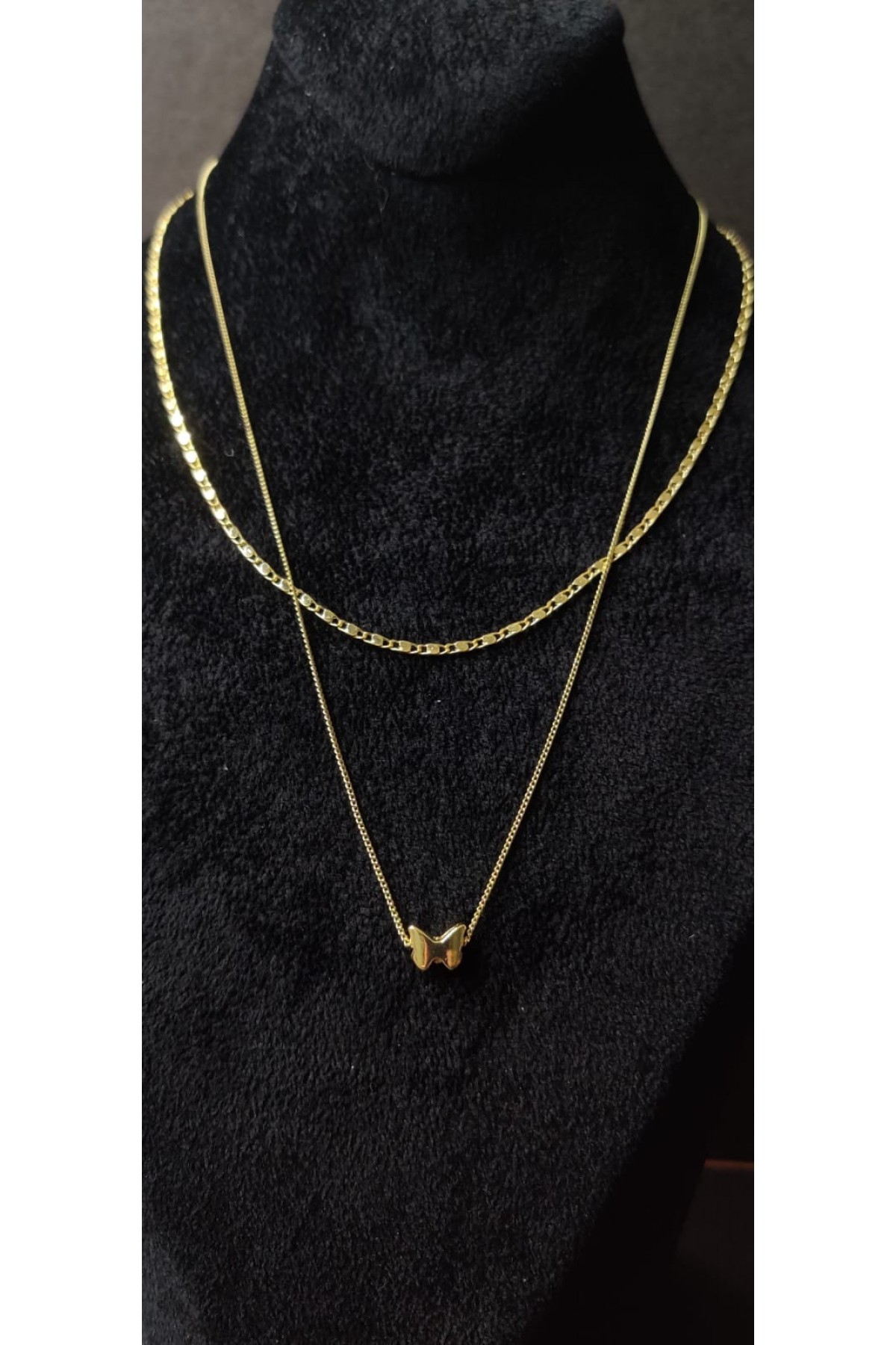 Kelebek Figürlü Gold Çift Zincirli Kolye -Altın