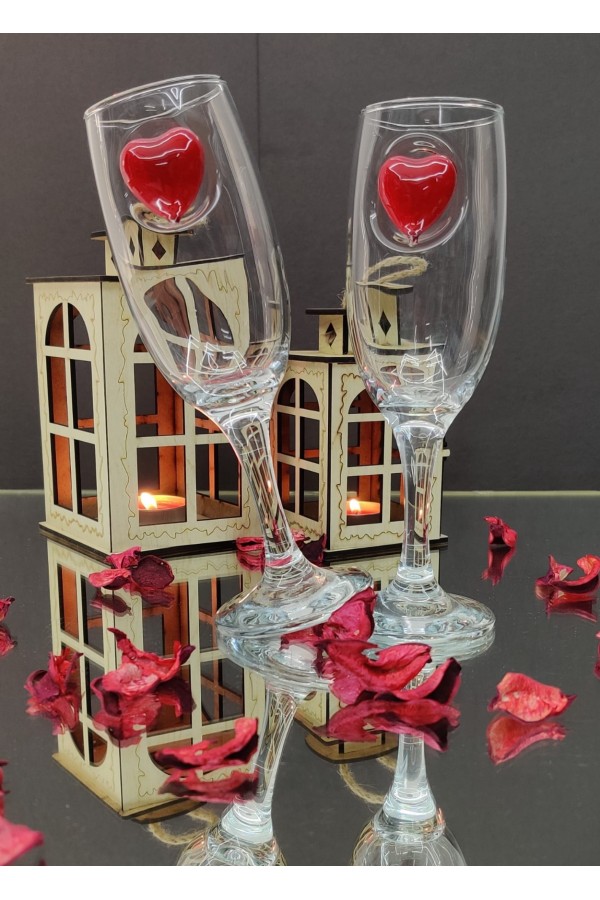 Kırmızı Kalp Detaylı Kokteyl Kadehi -Kırmızı