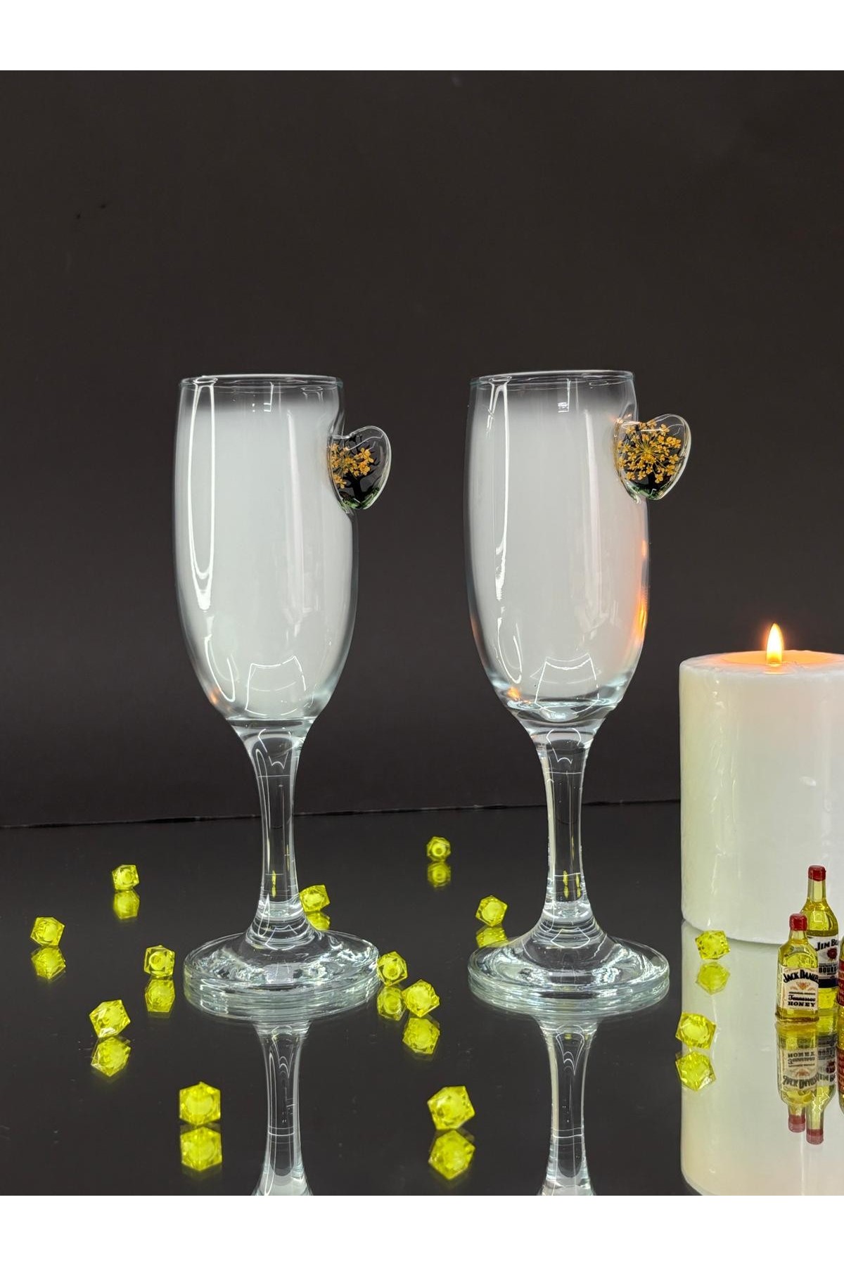 Sarı Kalp Detaylı Kokteyl Kadehi -Sarı