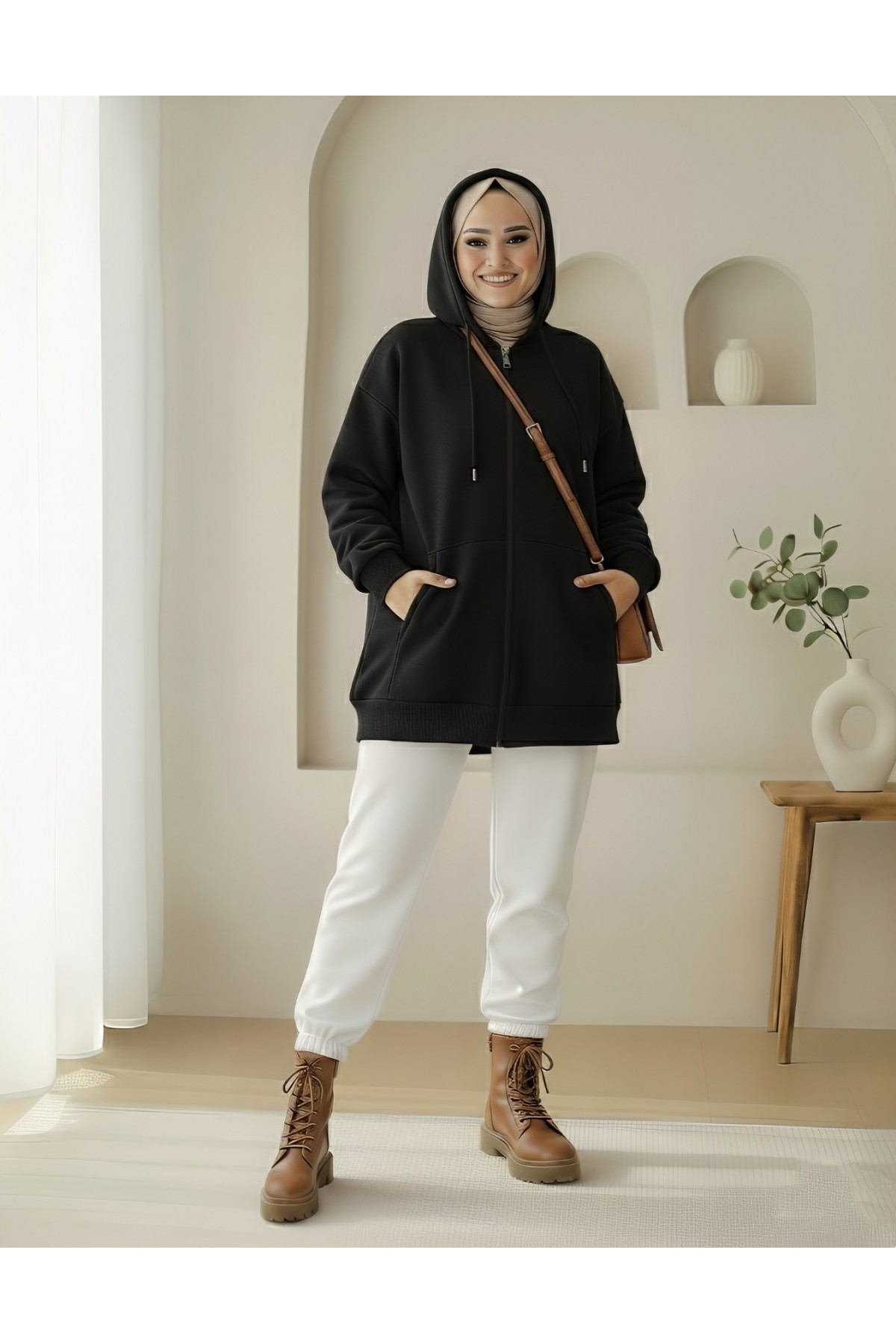 Kapşonlu Cepli Fermuarlı Şardonlu Sweat-Siyah