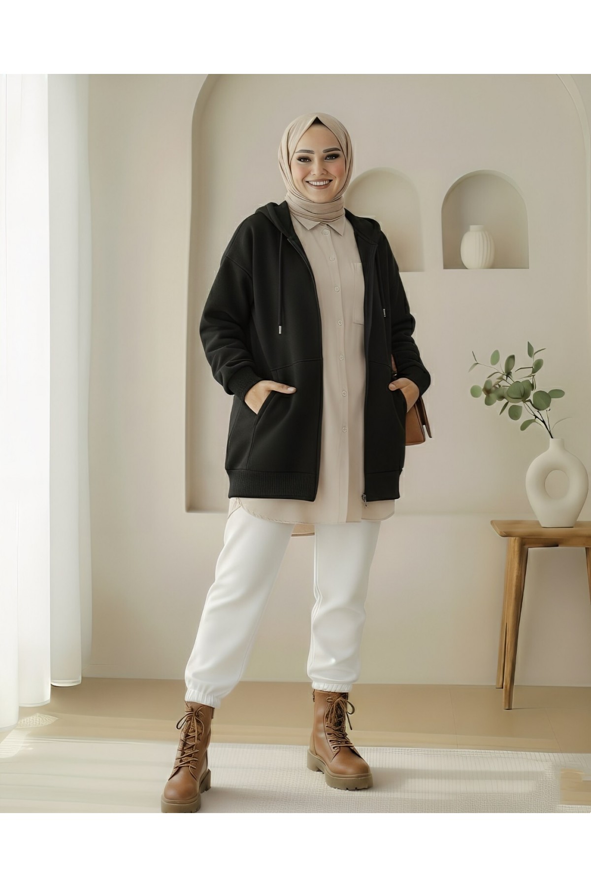 Kapşonlu Cepli Fermuarlı Şardonlu Sweat-Siyah