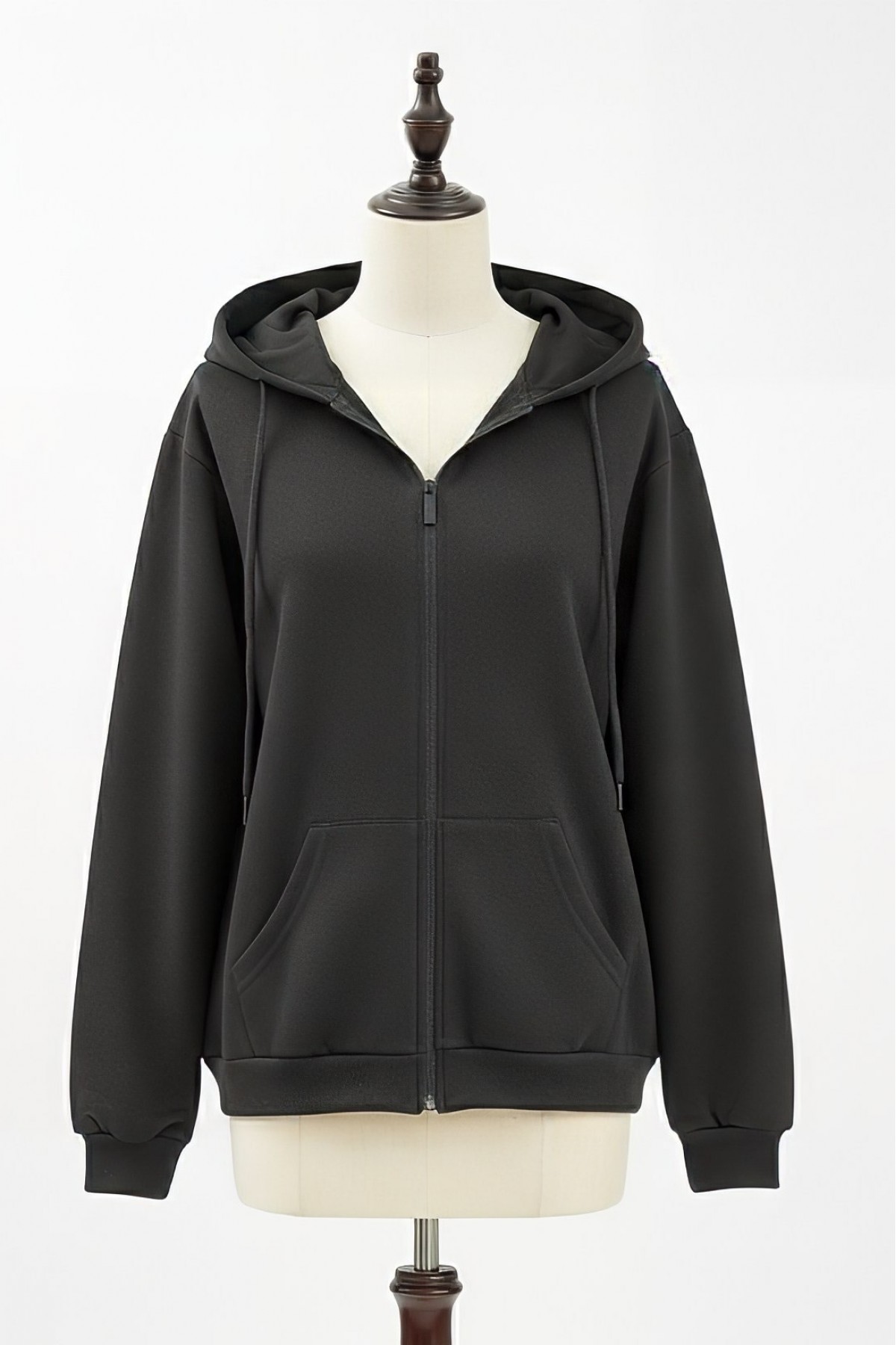 Hooded Zippered Pocketed Combed Cotton Sweater -Black