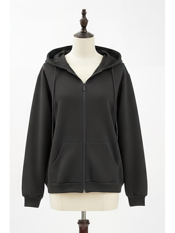 Hooded Zippered Pocketed Combed Cotton Sweater -Black