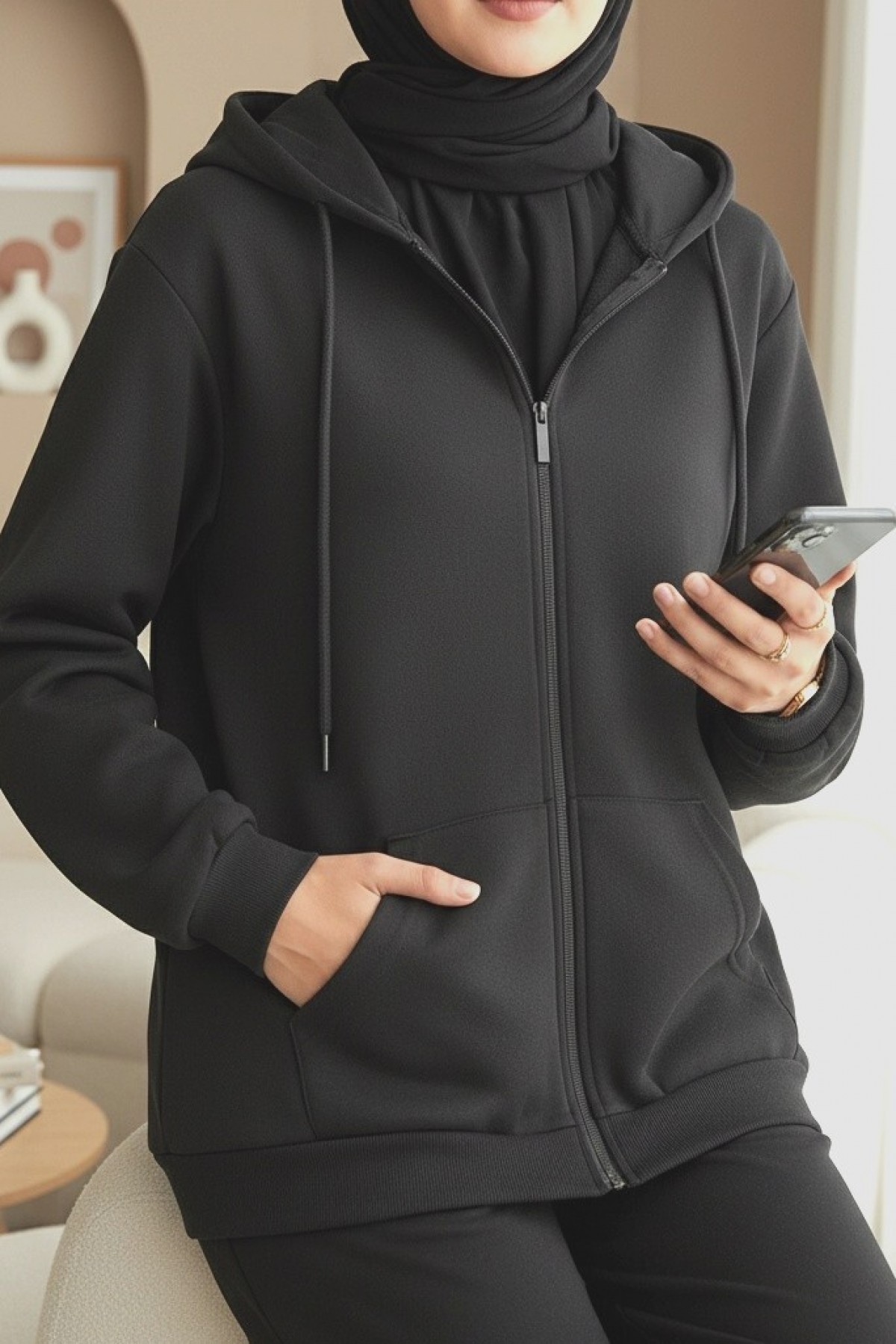 Hooded Zippered Pocketed Combed Cotton Sweater -Black