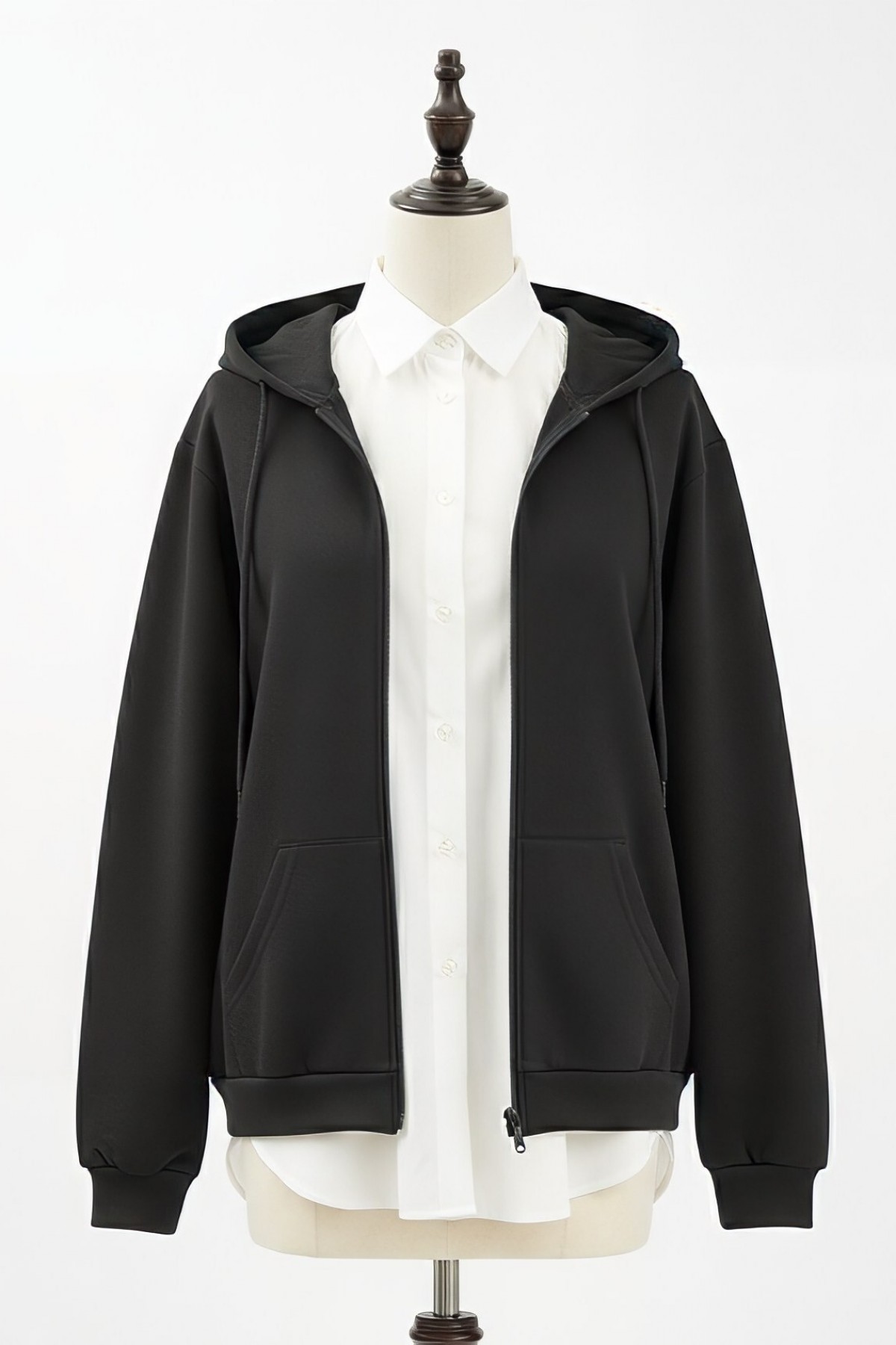 Hooded Zippered Pocketed Combed Cotton Sweater -Black