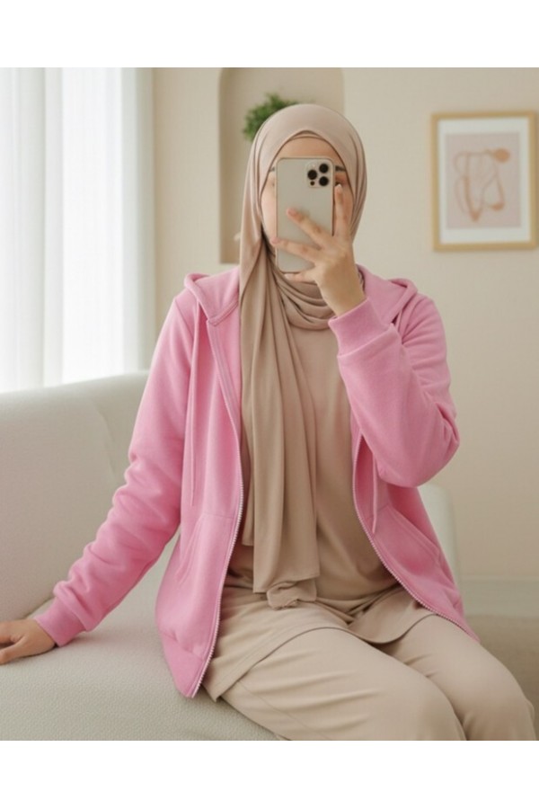 سترة من القطن الممشط بغطاء رأس وسحاب وجيوب  -وردي