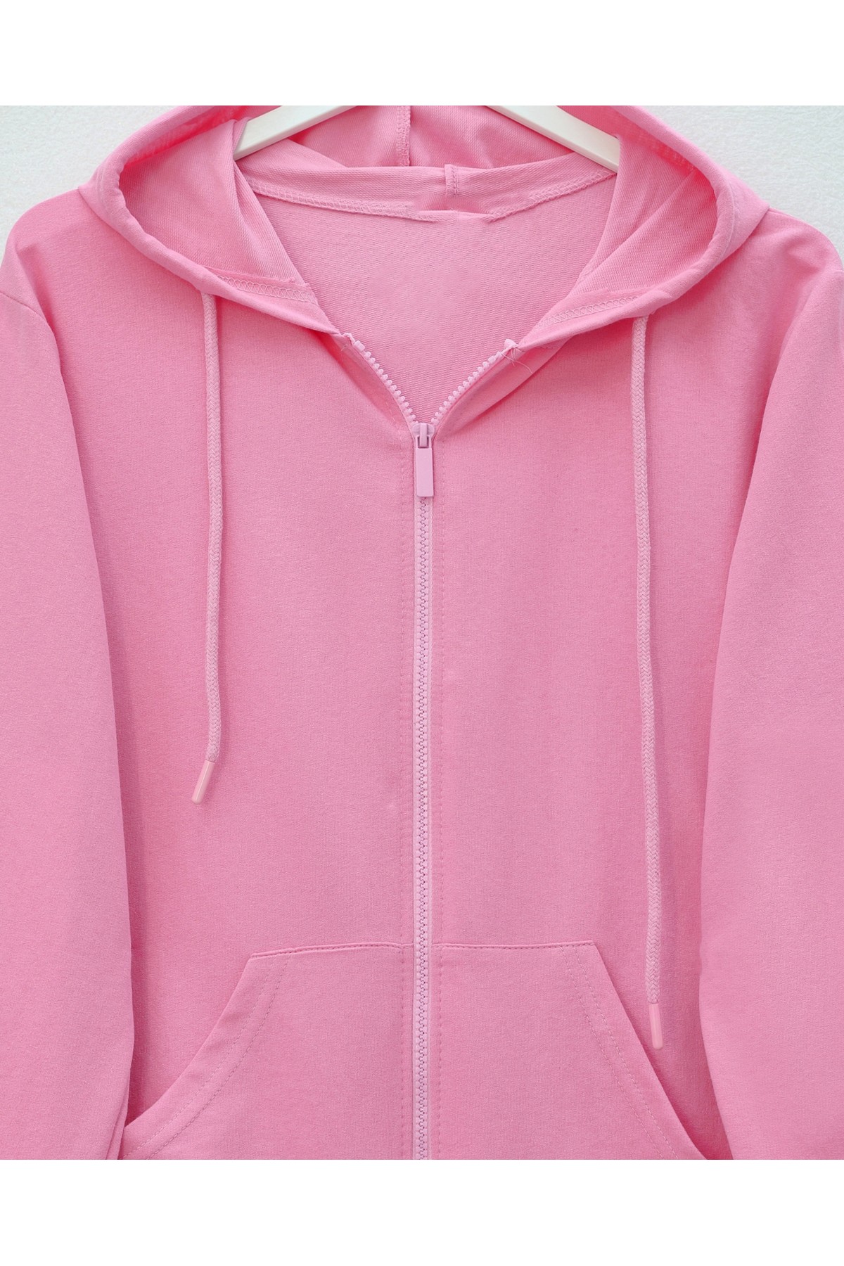 سترة من القطن الممشط بغطاء رأس وسحاب وجيوب  -وردي