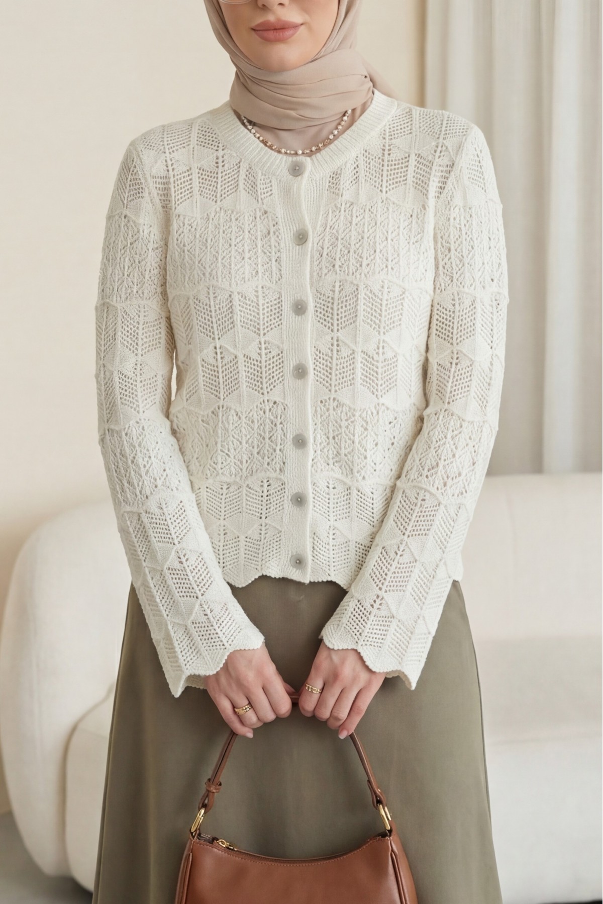 Buttoned Openwork Cotton Knit Cardigan -Ecru